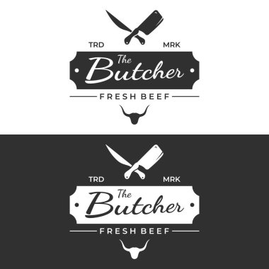 Bıçaklı yeni kasap logosu ve hayvan izleri. İşletmeler, restoranlar, etiketler, pullar ve yeni kasaplar için logolar..