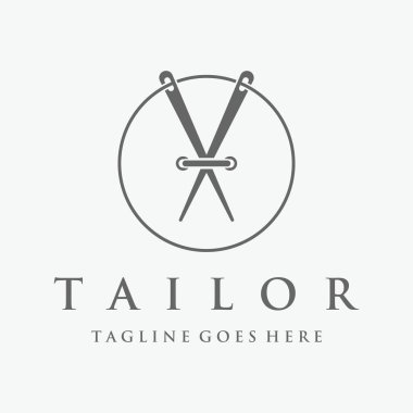 Tailor silhouette logo with needle, thread, benik and sewing machine markings. Logo design for tailors, fashion, boutiques and other clothing companies.