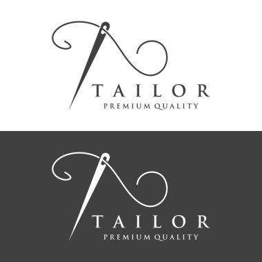 Tailor silhouette logo with needle, thread, benik and sewing machine markings. Logo design for tailors, fashion, boutiques and other clothing companies.