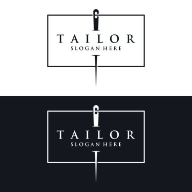 Tailor silhouette logo with needle, thread, benik and sewing machine markings. Logo design for tailors, fashion, boutiques and other clothing companies.