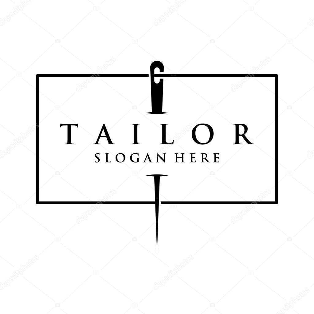 Tailor silhouette logo with needle, thread, benik and sewing machine markings. Logo design for tailors, fashion, boutiques and other clothing companies.