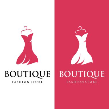 Askılı kadın giyim logosu, lüks kıyafetler. İş logosu, butik, moda dükkanı, manken, alışveriş ve güzellik..