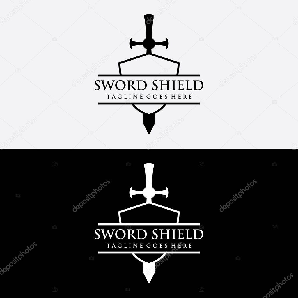 Sword, shield ,excalibur vintage silhouette logo design.