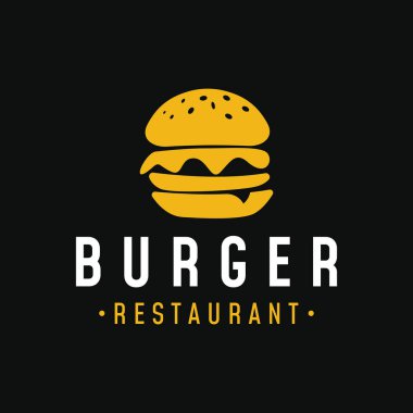 Burger logosu, restoran amblemi, kafe, burger etiketi ve fabrika. Fast food..