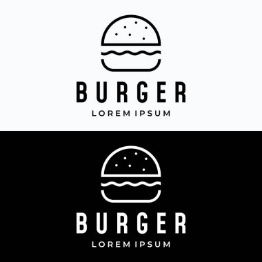 Burger logosu, restoran amblemi, kafe, burger etiketi ve fabrika. Fast food..
