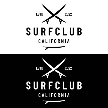 Klasik sörf tahtası logosu, yaz sahillerinde sörf. İş, rozet, tatil, etiket, amblem için..