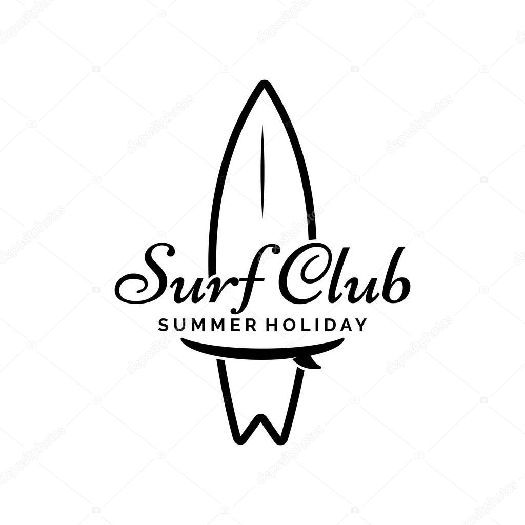 Vintage surfboard logo,surfing on summer beach.For business,badge,holiday, ,label,emblem.