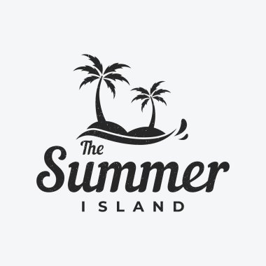 Summer vacation creative logo on the beach with symbols of waves, palm trees and surfboards in retro style.Emblem,label, poster,badge.