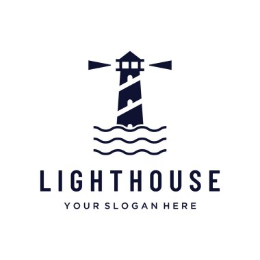 Sea lighthouse tower building creative logo with spotlights vintage vector template.