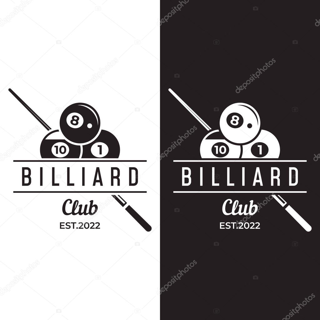 Billiard and cue stick creative logo template. Logo of billiard sport game, club, tournament and championship.