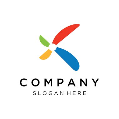 Uçak, yel değirmeni, yeldeğirmeni ve yelpazenin soyut logosu. Havacılık, şirket, marka ve endüstri logosu. Modern bir konseptle.