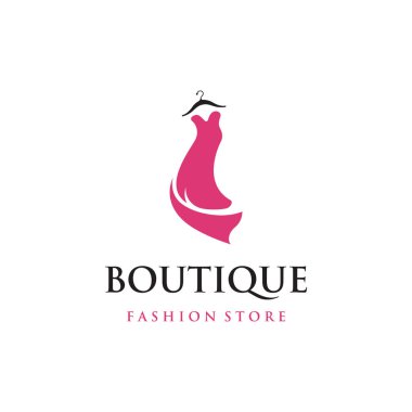 Askılı kadın giyim logosu, lüks kıyafetler. İş logosu, butik, moda dükkanı, manken, alışveriş ve güzellik..