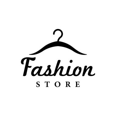 Askılı kadın giyim logosu, lüks kıyafetler. İş logosu, butik, moda dükkanı, manken, alışveriş ve güzellik..