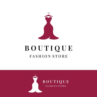 Askılı kadın giyim logosu, lüks kıyafetler. İş logosu, butik, moda dükkanı, manken, alışveriş ve güzellik..