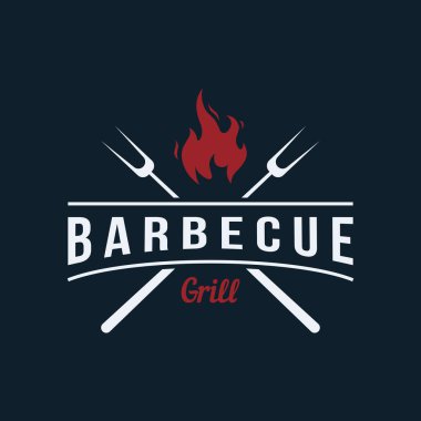 BBQ sıcak ızgara klasik tipografi logosu çapraz alevler ve spatula. Restoran, rozet, kafe ve bar logosu.