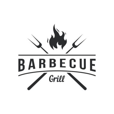 BBQ sıcak ızgara klasik tipografi logosu çapraz alevler ve spatula. Restoran, rozet, kafe ve bar logosu.