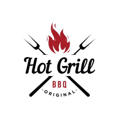 BBQ sıcak ızgara klasik tipografi logosu çapraz alevler ve spatula. Restoran, rozet, kafe ve bar logosu.