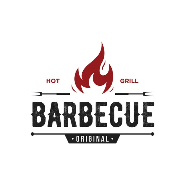 BBQ sıcak ızgara klasik tipografi logosu çapraz alevler ve spatula. Restoran, rozet, kafe ve bar logosu.