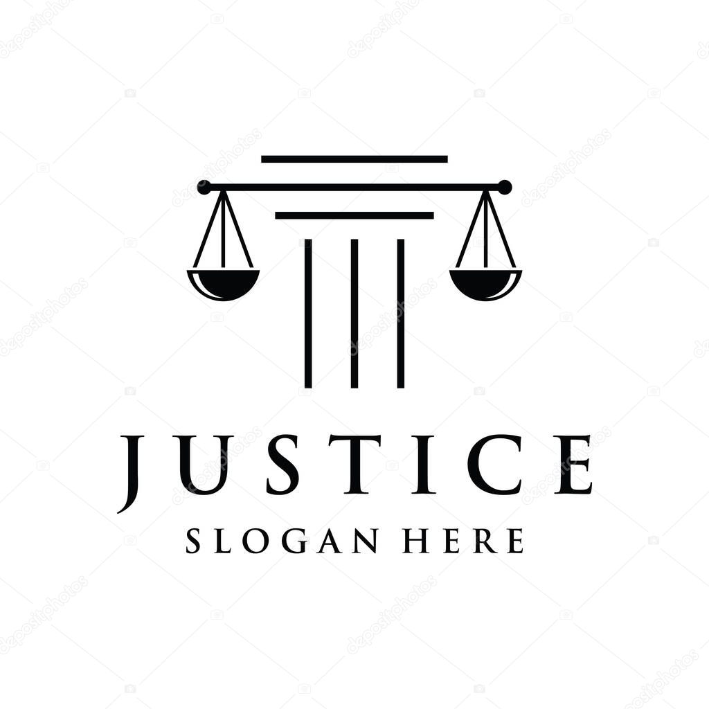 Law firm and attorney Logo.Justice template with pillar, sword and scales concept.Vector illustration.
