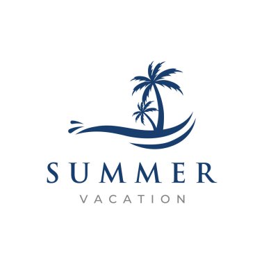 Summer vacation creative logo on the beach with symbols of waves, palm trees and surfboards in retro style.Emblem,label, poster,badge.