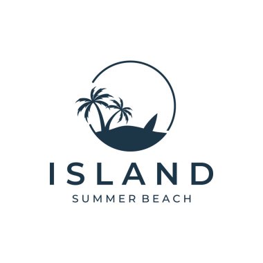 Summer vacation creative logo on the beach with symbols of waves, palm trees and surfboards in retro style.Emblem,label, poster,badge.