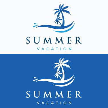 Summer vacation creative logo on the beach with symbols of waves, palm trees and surfboards in retro style.Emblem,label, poster,badge.