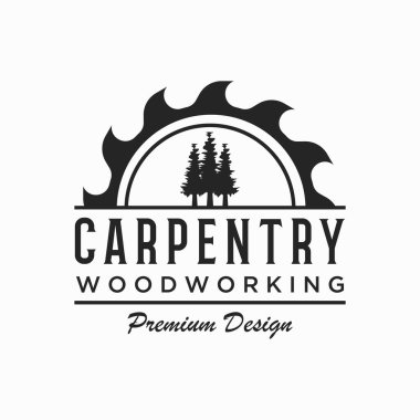Wood klasik marangozluk aletleriyle birinci sınıf logo tasarımı gördü. İş logosu, marangozluk, oduncu, etiket, rozet..