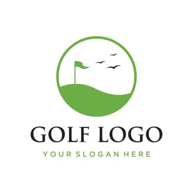 Golf topu, sopa ve golf sahası logosu tasarımı. Profesyonel golf takımı logosu, golf kulübü, turnuva, iş, etkinlik.