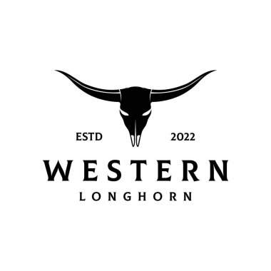 Uzun boynuzlar logosu Teksas çiftliği vahşi batı hayvan antika vintajı. Kovboy, sığır, rozet, restoran logosu..