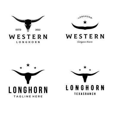 Uzun boynuzlar logosu Teksas çiftliği vahşi batı hayvan antika vintajı. Kovboy, sığır, rozet, restoran logosu..