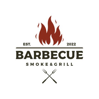 BBQ sıcak ızgara klasik tipografi logosu dizaynı çapraz alevler ve spatula. Restoran, rozet, kafe ve bar logosu.