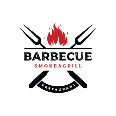 BBQ sıcak ızgara klasik tipografi logosu dizaynı çapraz alevler ve spatula. Restoran, rozet, kafe ve bar logosu.