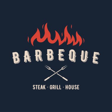 BBQ sıcak ızgara klasik tipografi logosu dizaynı çapraz alevler ve spatula. Restoran, rozet, kafe ve bar logosu.