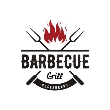 BBQ sıcak ızgara klasik tipografi logosu dizaynı çapraz alevler ve spatula. Restoran, rozet, kafe ve bar logosu.
