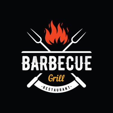 BBQ sıcak ızgara klasik tipografi logosu dizaynı çapraz alevler ve spatula. Restoran, rozet, kafe ve bar logosu.