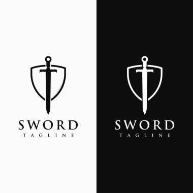 Kılıç logosu tasarımı ve yaratıcı fikri olan antika bir kalkan..