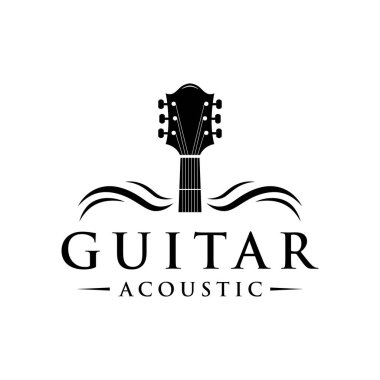 Retro gitar müzik logosu tasarımı. Akustik, barlar, tipografi ve gece kulüpleri için logo.