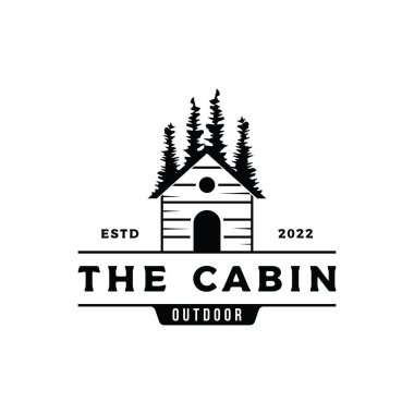 Orman ve dağ manzaralı klasik kır kulübesi veya kulübe logosu tasarımı.