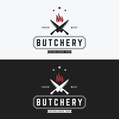 Bıçaklı klasik kasap logosu, taze sığır eti. İş logosu, kasap dükkanı, restoran, rozet ve etiket.