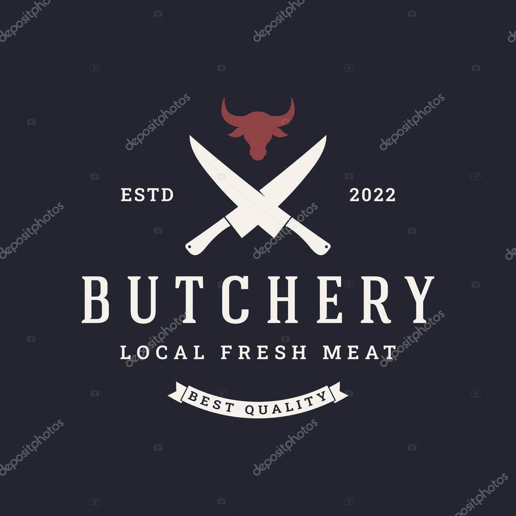 Vintage butcher logo with knife, fresh beef. Logo for business, butcher shop, restaurant, badge and label.