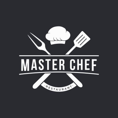 Aşçı şapkası ve yaratıcı mutfak gereçleri olan mutfak logosu. Logo, restoran, şef, iş.