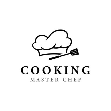 Aşçı şapkası ve yaratıcı mutfak gereçleri olan mutfak logosu. Logo, restoran, şef, iş.