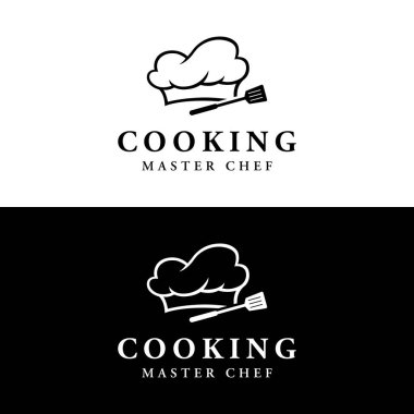 Aşçı şapkası ve yaratıcı mutfak gereçleri olan mutfak logosu. Logo, restoran, şef, iş.