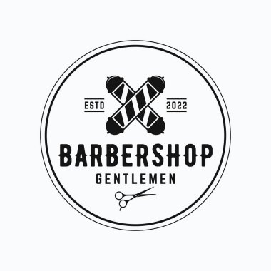 Eski moda berber saç kesimi ve saç kesimi ekipmanı tasarımlı logo. İş için logo, amblem, etiket, berber ve rozet.