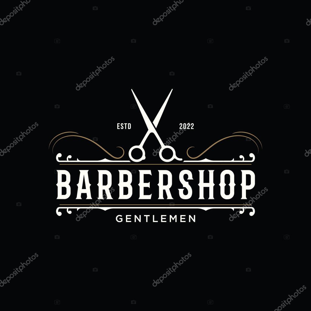 Retro vintage barbershop haircut and shave logo with haircut equipment design. Logo for business, emblem, label, barber and badge.