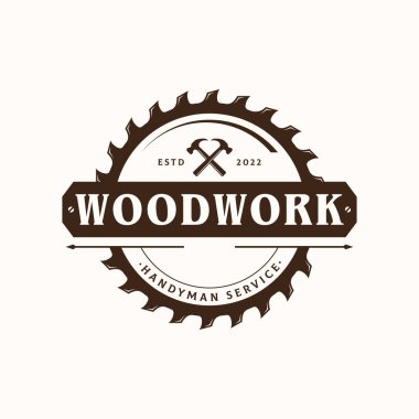 Wood klasik marangozluk aletleriyle birinci sınıf logo tasarımı gördü. İş logosu, marangozluk, oduncu, etiket, rozet..