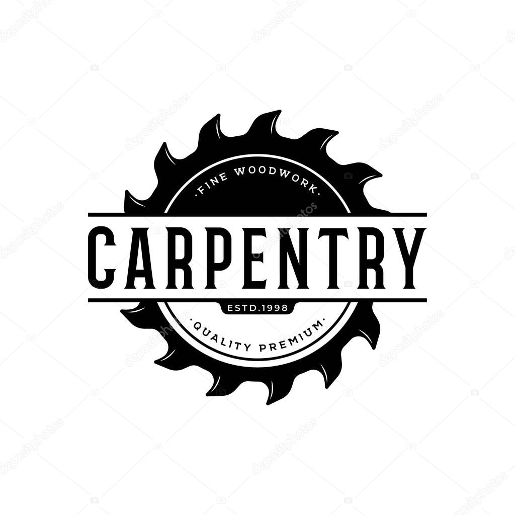 Wood saw premium logo design with vintage carpentry tools.Logo for business, carpentry, lumberjack, label, badge.