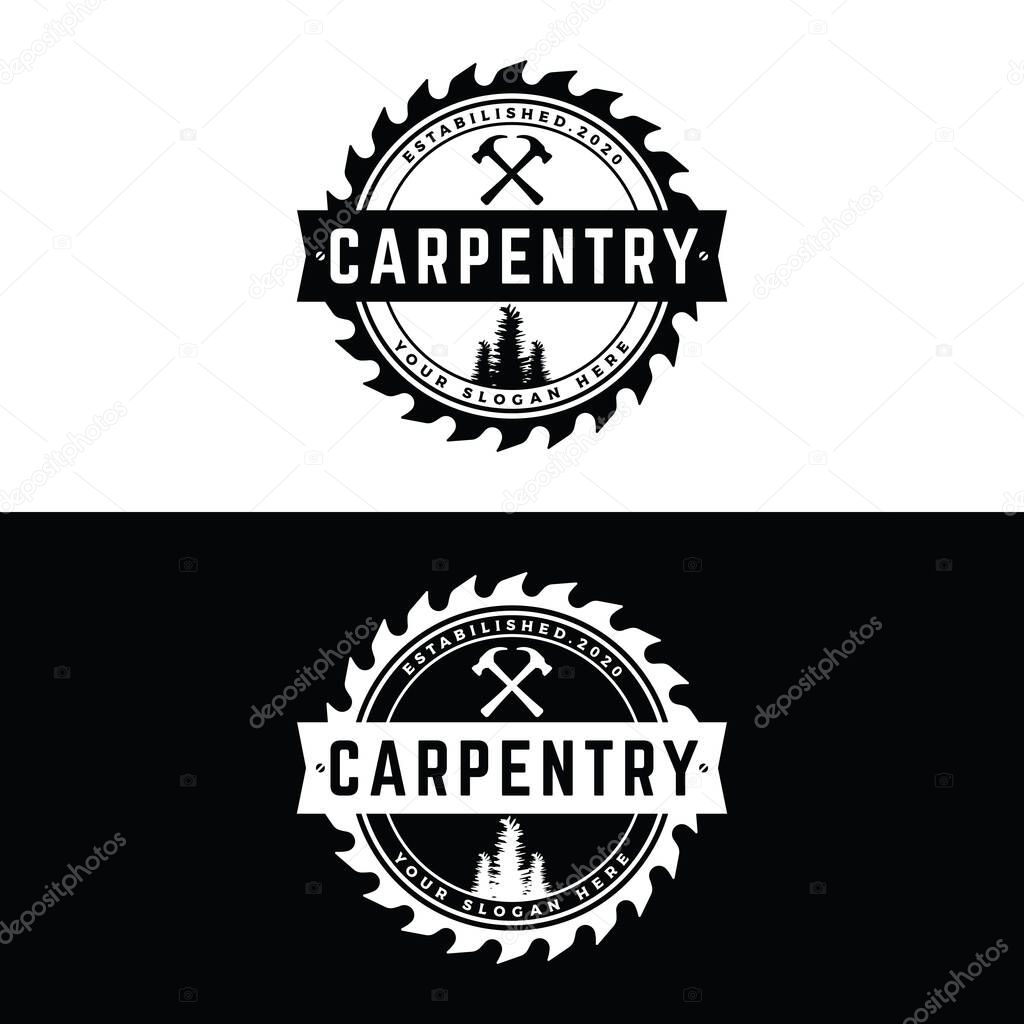Wood saw premium logo design with vintage carpentry tools.Logo for business, carpentry, lumberjack, label, badge.