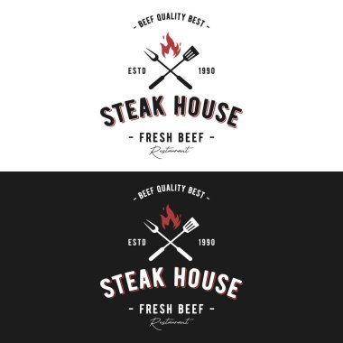 Retro vintage biftek evi logosu. İş için logo, restoran, etiket, rozet. Kaliteli etle.