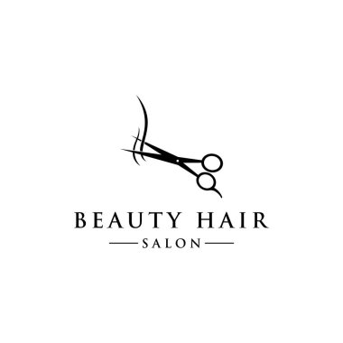 Saç dalgaları ve makas konseptli güzellik salonu logosu. İş yeri, kuaför salonu, güzellik salonu logosu..